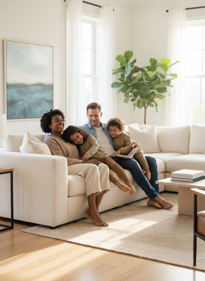 A family of four together on a linen sofa in a bright, plant-filled living room
