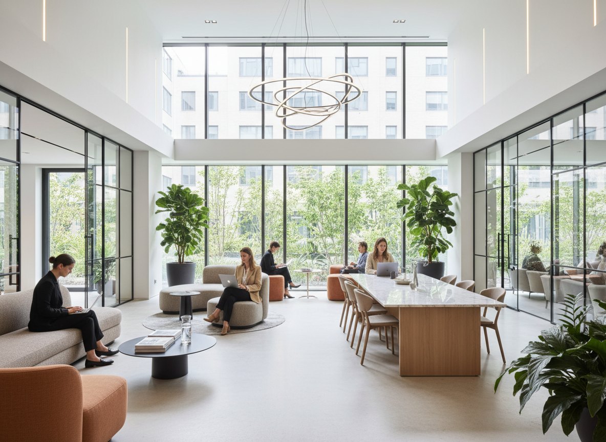 A bright open-plan office lounge with glass walls, a long meeting table and planters