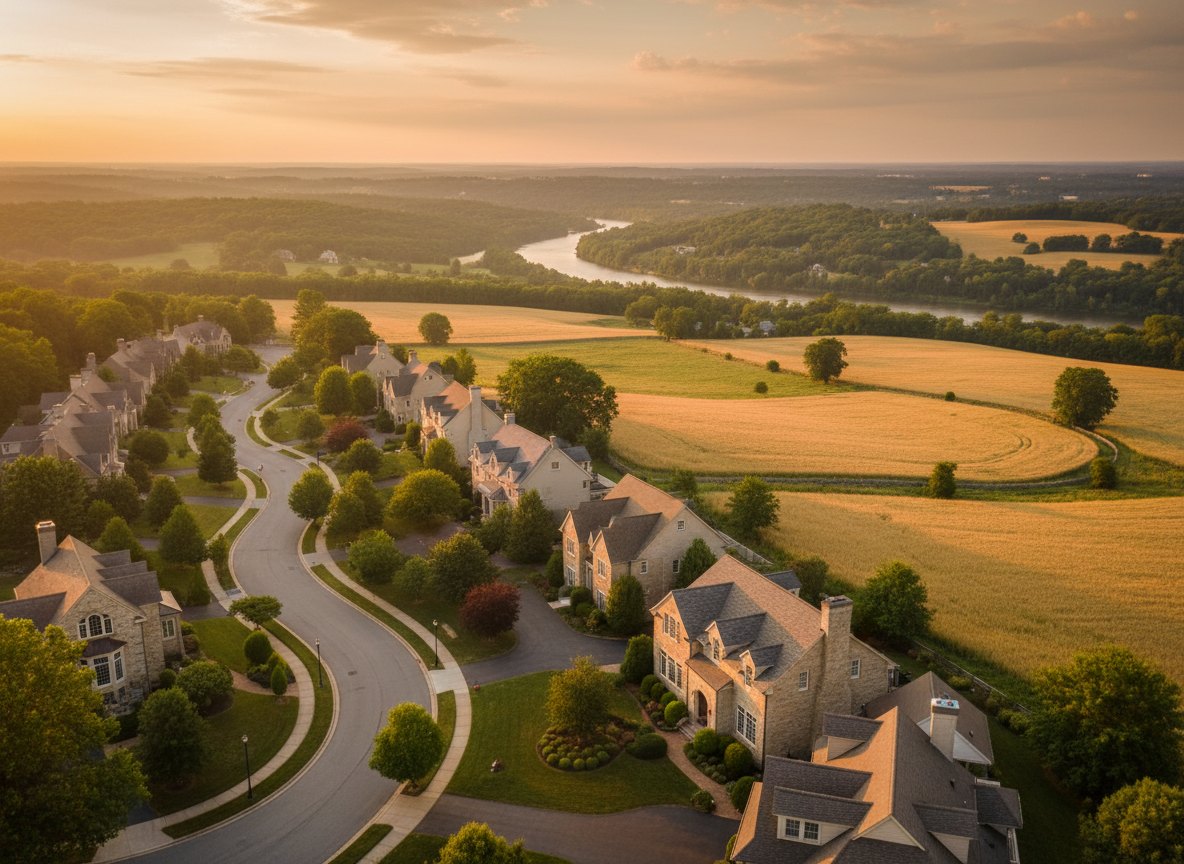 Rolling Pennsylvania countryside and refined residential neighborhoods at golden hour