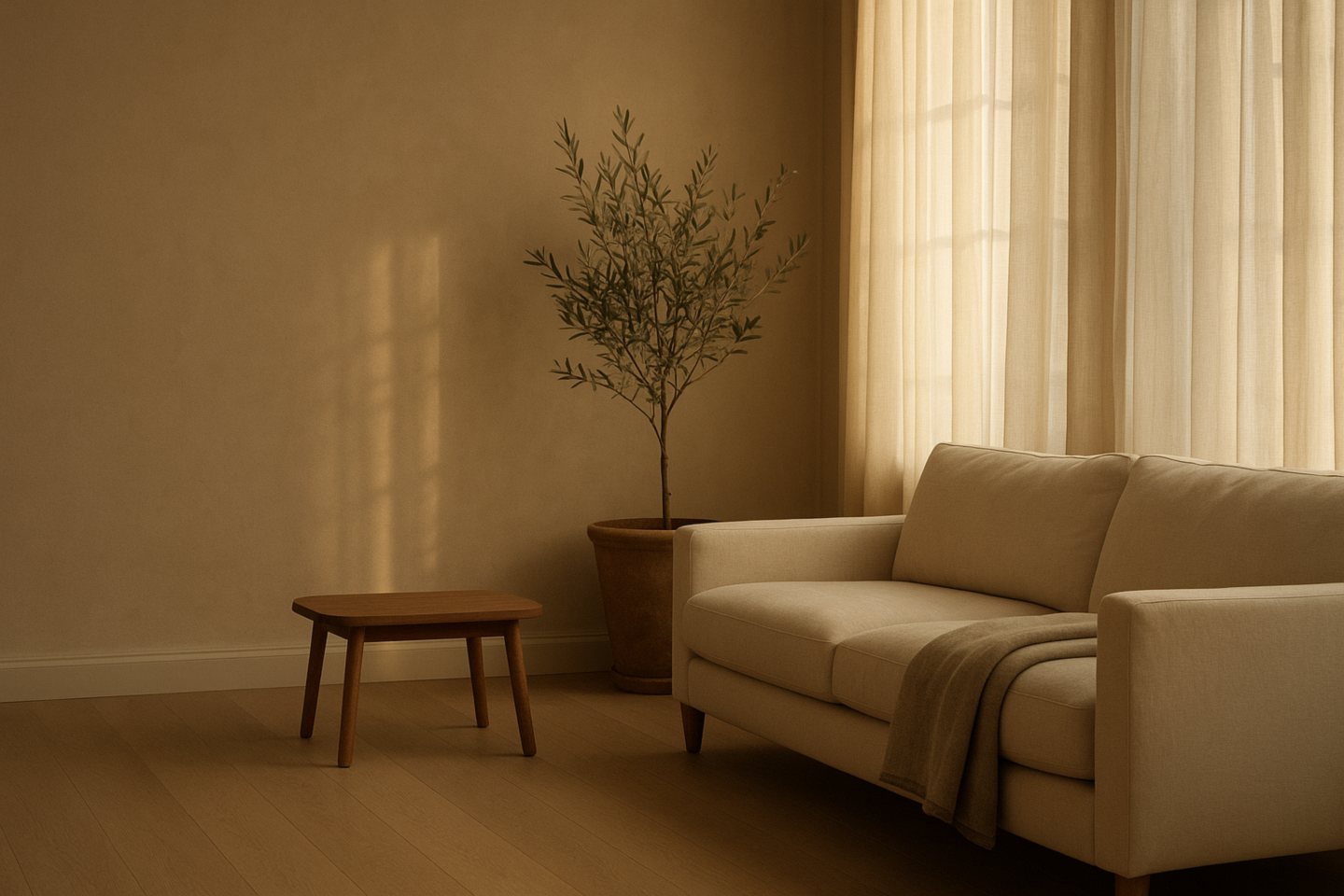 A quiet living room at golden hour — a cream linen sofa with a folded throw, an olive tree in a terracotta pot and a low wooden table on a pale oak floor